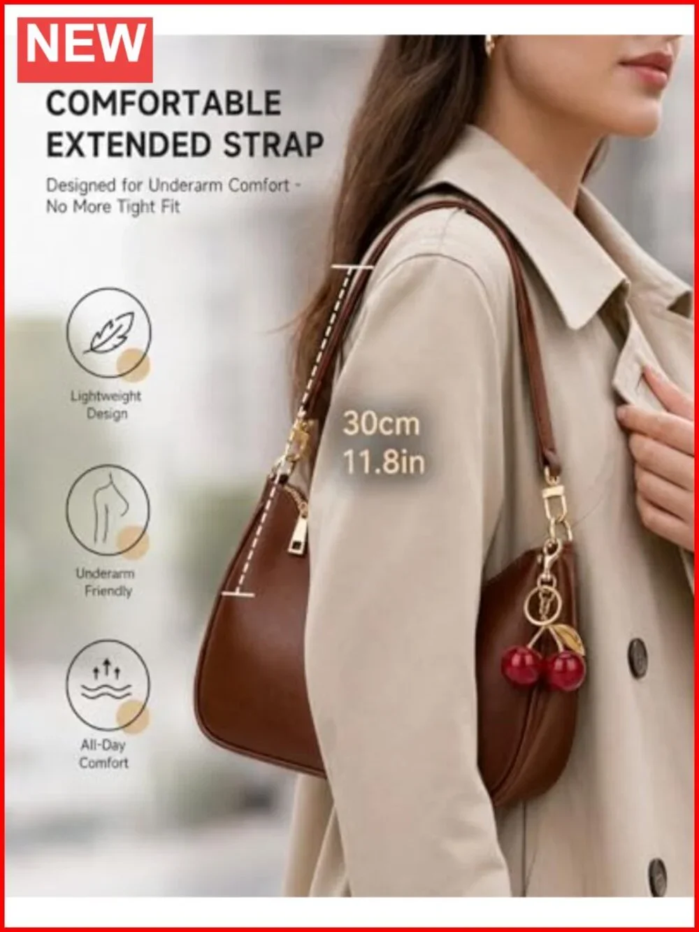 Women's Faux Leather Hobo Shoulder Bag with Zipper & Cherry Charm